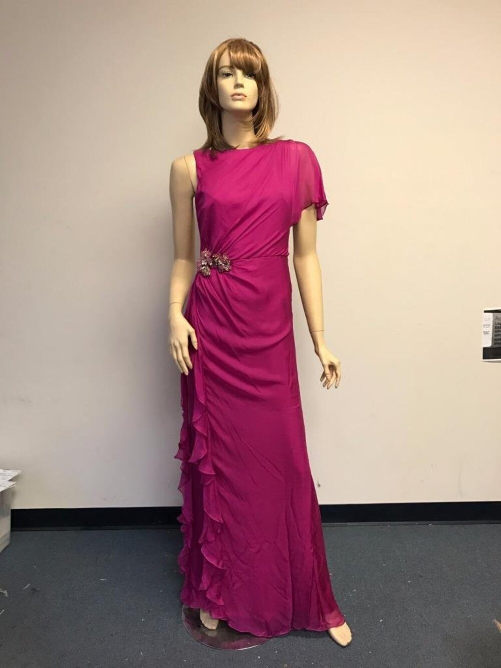 Badgley Mischka Fuchsia Asymmetrical Gown Side Ruffle Silk Dress Long NWT